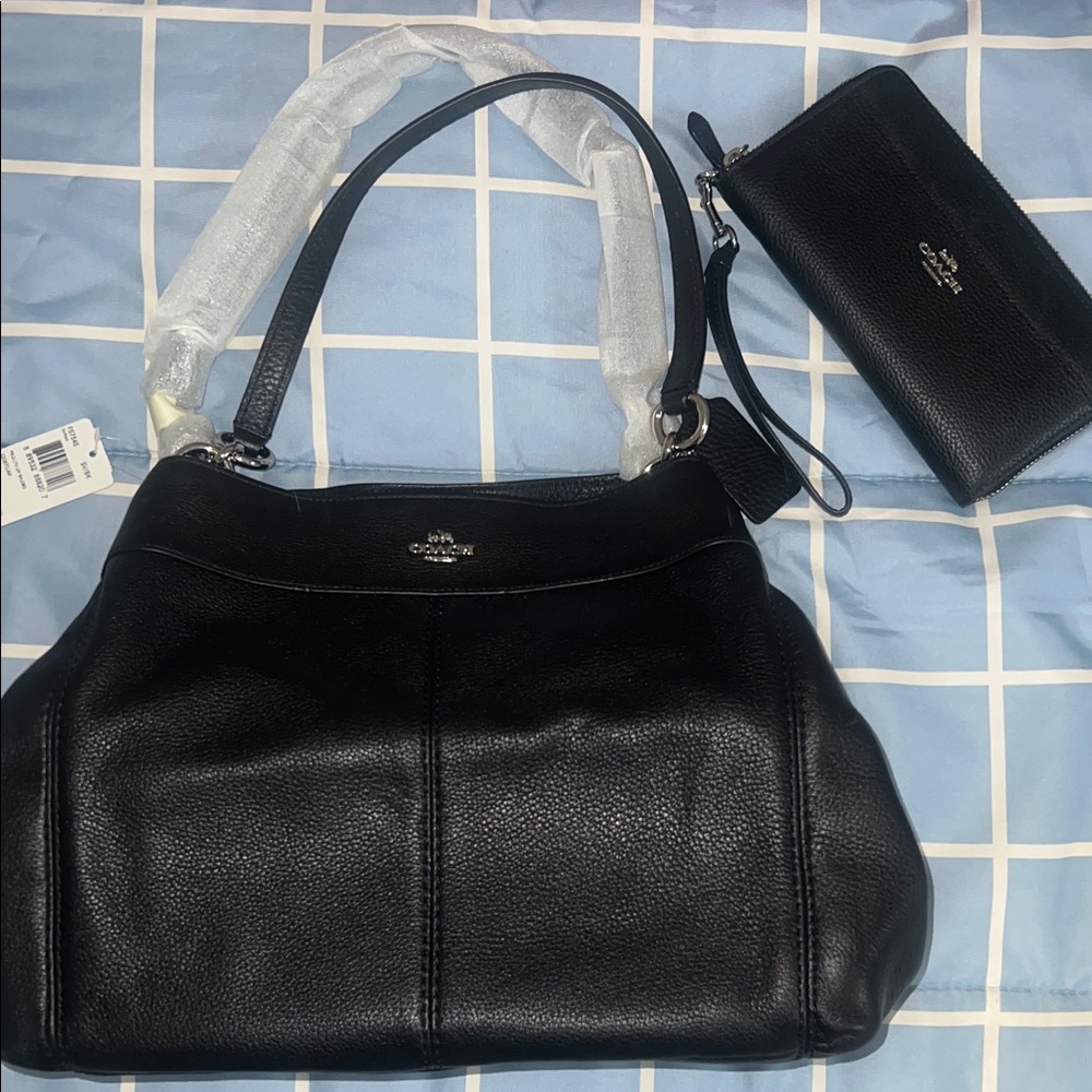 Coach Black Pebbled Leather Shoulder Bag and Wallet